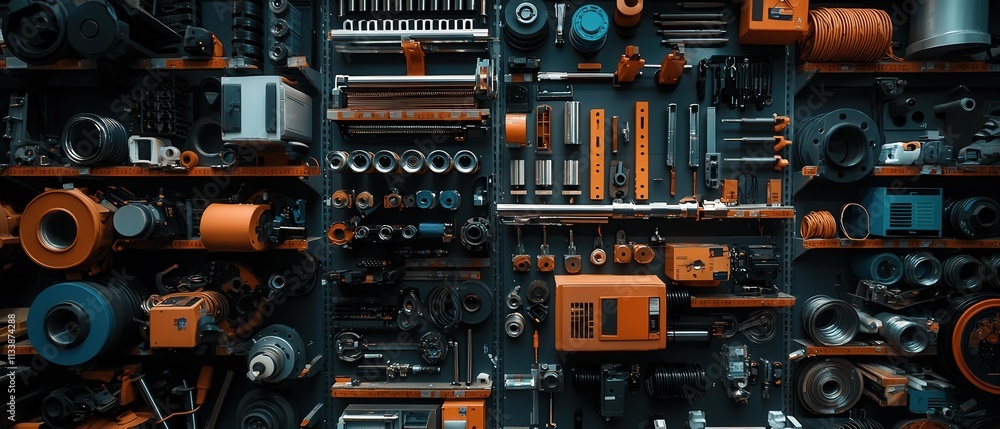 Aerial view of a warehouse filled with organized shelves of spare parts and industrial components. Aerial view of a warehouse filled with organized shelves of spare parts and industrial components.