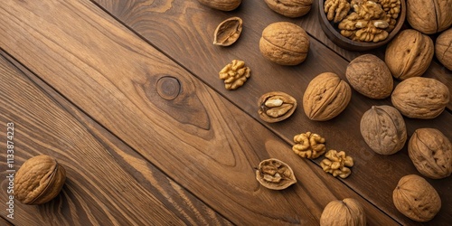 A delightful arrangement of walnuts on a rustic wooden surface, showcasing their natural beauty and rich texture. photo