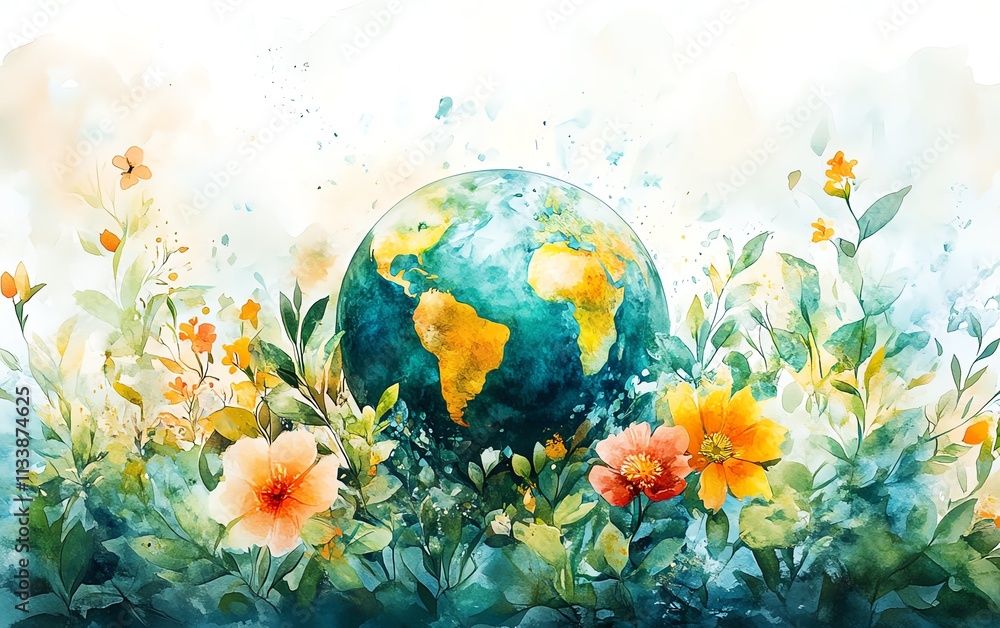 Delicate watercolor Earth surrounded by soft, flowing leaves and colorful flowers, bright and soothing natural elements, AIgenerated artistic depiction Delicate watercolor Earth surrounded by soft, flowing leaves and colorful flowers, bright and soothing natural elements, AIgenerated artistic depiction
