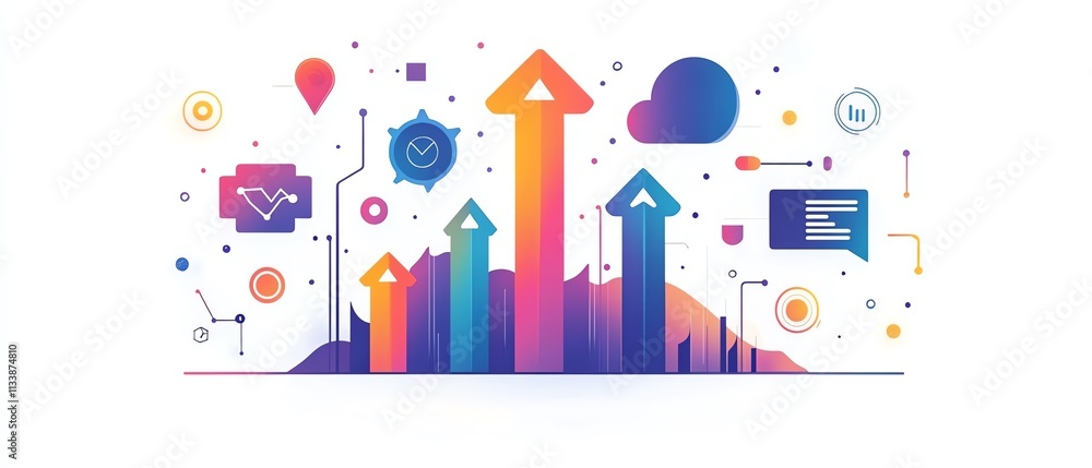 Digital representation of quality improvement, software updates, system installations with progress arrows, modern technology symbols, AI generative art Digital representation of quality improvement, software updates, system installations with progress arrows, modern technology symbols, AI generative art