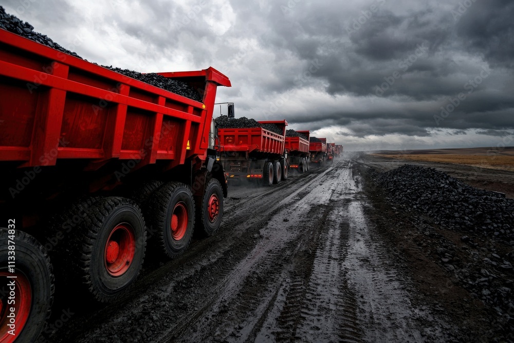 A line of massive dump trucks transporting coal under cloudy skies, emphasizing scale. A line of massive dump trucks transporting coal under cloudy skies, emphasizing scale.