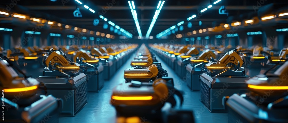 Obraz premium A futuristic factory floor illuminated by rows of robotic machines working efficiently.
