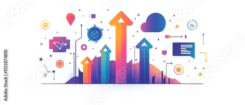 Digital representation of quality improvement, software updates, system installations with progress arrows, modern technology symbols, AI generative art