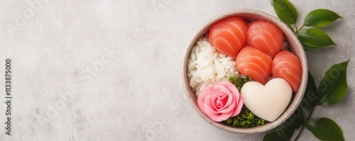 Wallpaper Mural A beautifully arranged bowl featuring salmon slices, rice, a heart-shaped item, and a pink rose, surrounded by fresh greenery. Torontodigital.ca