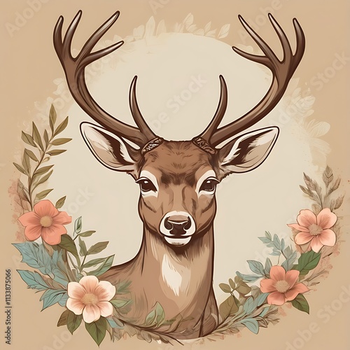 Elegant Deer Portrait Adorned With Floral Wreath photo