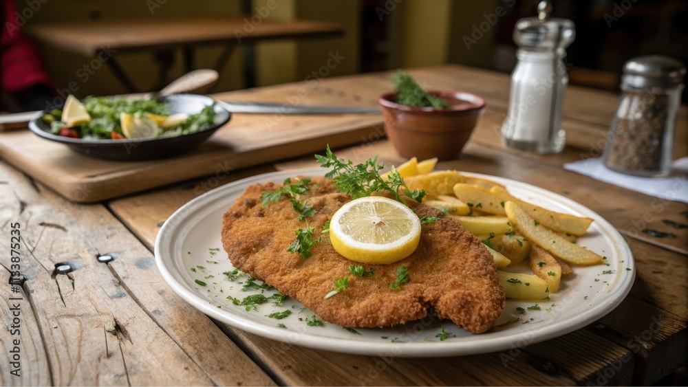 A Crispy Breaded Cutlet Served with Golden French Fries and a Lemon Wedge on a Rustic Wooden Table A Crispy Breaded Cutlet Served with Golden French Fries and a Lemon Wedge on a Rustic Wooden Table