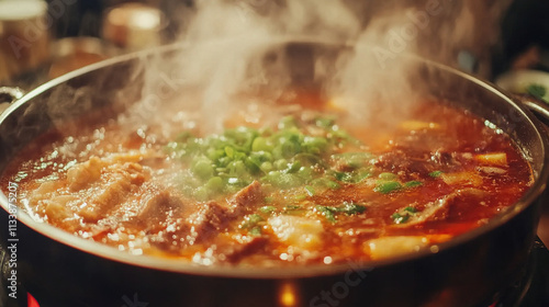 a close up of boiling hotpot chicken with vegetables