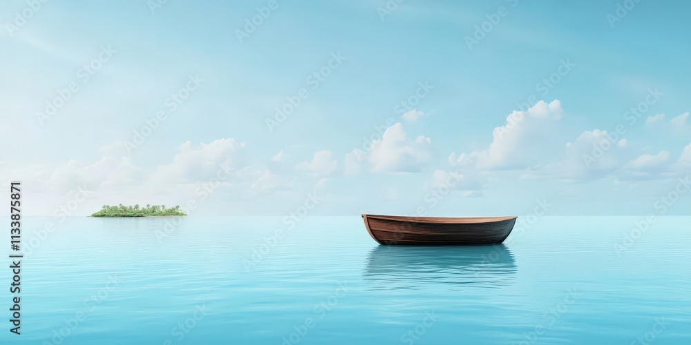 Naklejka premium A serene scene featuring a wooden boat floating on calm waters, with a small island visible in the distance under a clear blue sky.