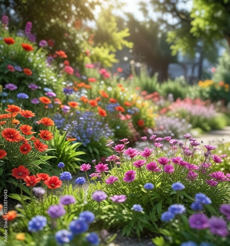 Vibrant flowers in a garden with bokeh background, petals, horticulture