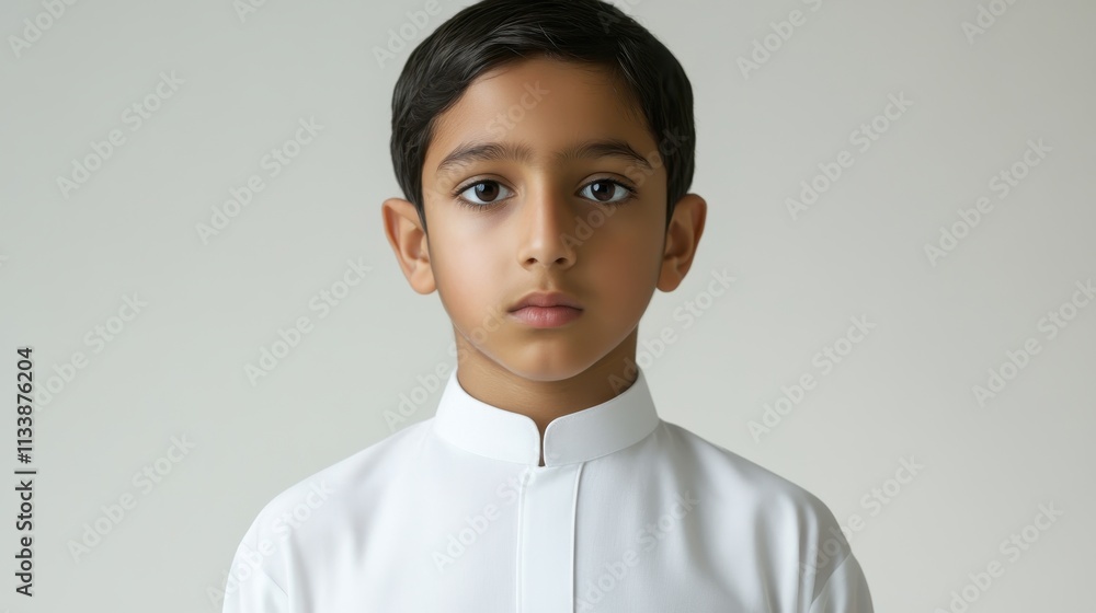 Portrait of a Young Boy in Traditional White Clothing, Serene Expression, Studio Shot Portrait of a Young Boy in Traditional White Clothing, Serene Expression, Studio Shot
