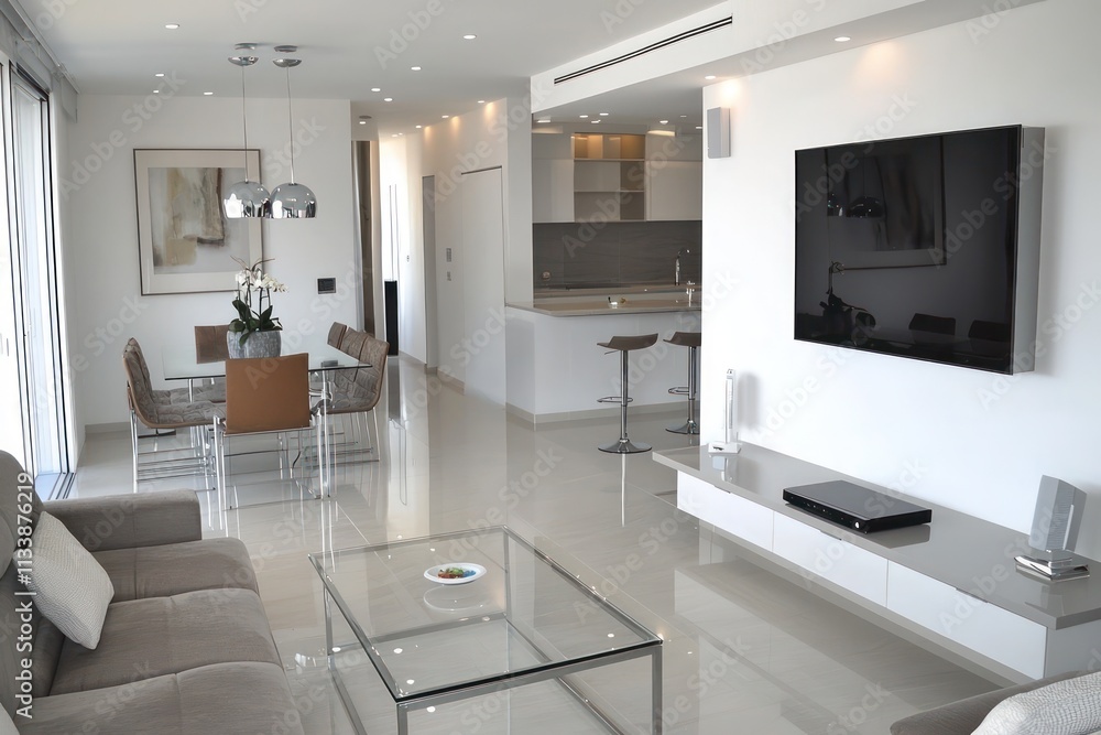 Contemporary living room with simple furniture, glass coffee table, and sleek wall-mounted TV. Contemporary living room with simple furniture, glass coffee table, and sleek wall-mounted TV.