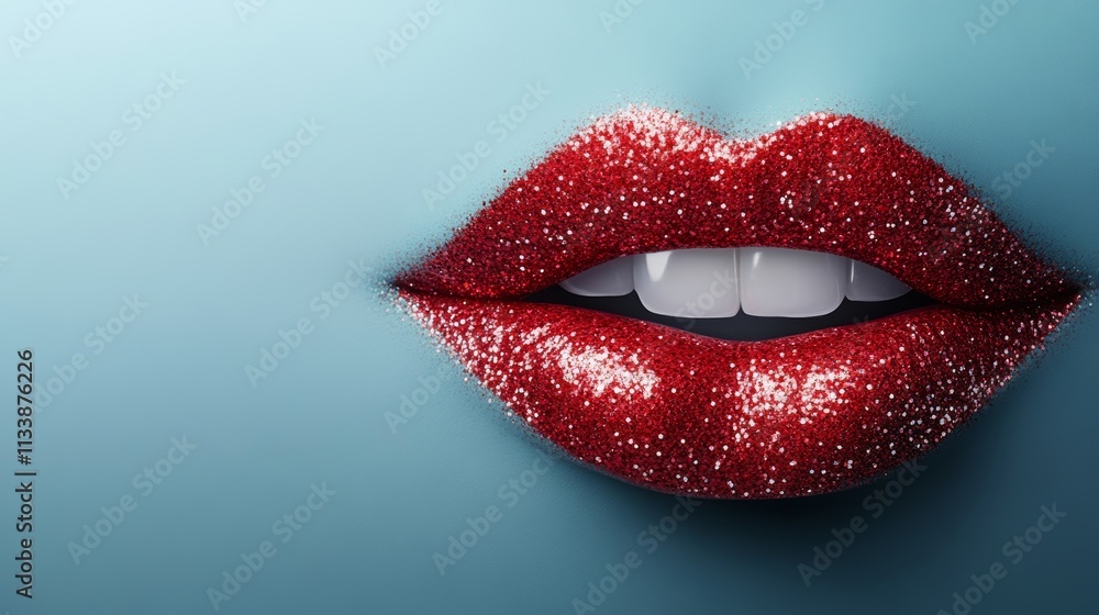Smiling Red Glitter Lips On Blue Background With Copy Space, Beauty And Fashion Concept Smiling Red Glitter Lips On Blue Background With Copy Space, Beauty And Fashion Concept
