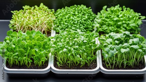 Organic microgreens farm panoramic view indoor growth greenhouse setting