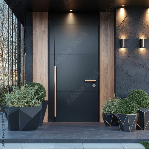 Black pivot door framed in wood, paired with geometric planters and soft exterior lighting.