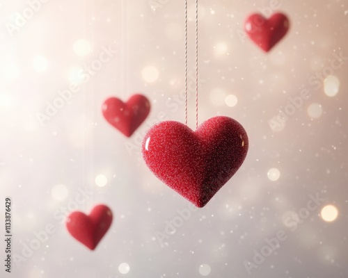 Shimmering red hearts hang gracefully against a soft, bokeh background, evoking feelings of love and warmth.