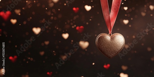 A sparkling heart-shaped ornament hangs from a red ribbon, surrounded by floating hearts, creating a romantic and festive atmosphere.