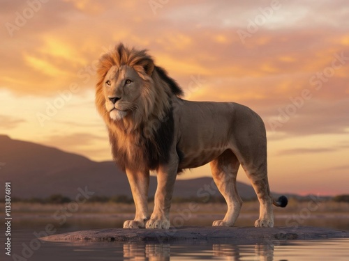 Majestic Lion Standing by the Water at Golden Sunset Iconic Wildlife in African Wilderness