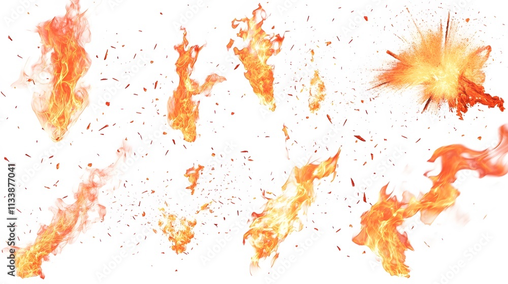 Fiery Explosions and Flames Isolated on White Background Fiery Explosions and Flames Isolated on White Background