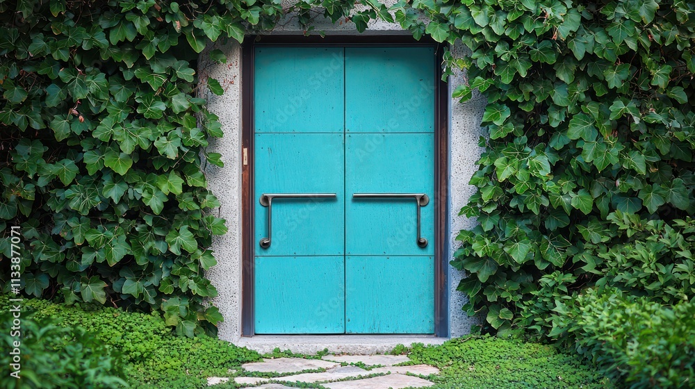Vibrant turquoise door with sleek handles, surrounded by ivy and a stone pathway. Vibrant turquoise door with sleek handles, surrounded by ivy and a stone pathway.