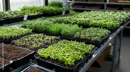 Organic farm rows of microgreens greenhouse nature panoramic view