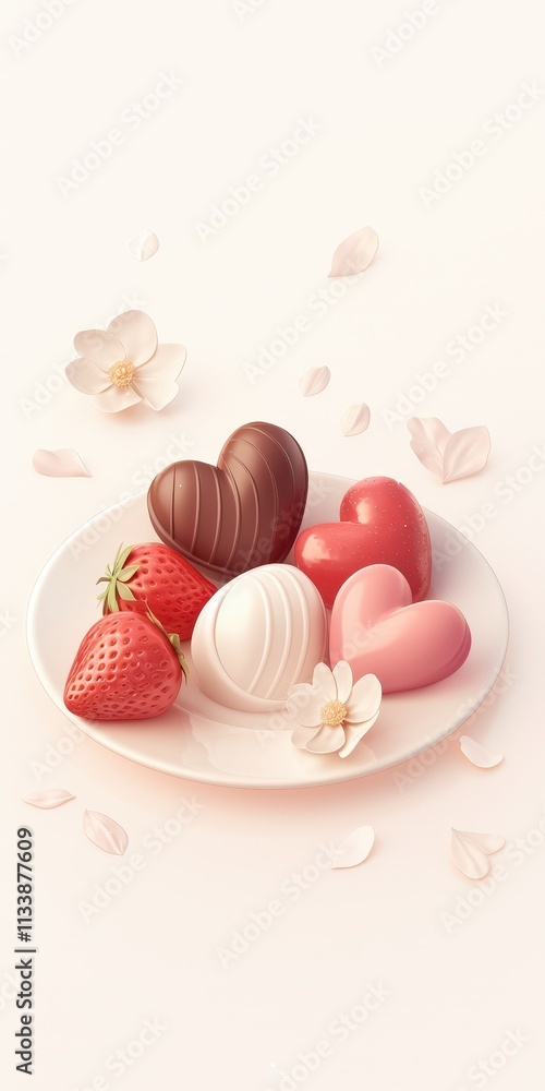 A delightful arrangement of heart-shaped chocolates and strawberries on a plate, surrounded by delicate flower petals, evoking romance and indulgence.