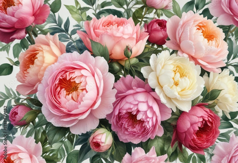 Vibrant watercolor painting of a bouquet of mixed roses and peonies, botanical, roses Vibrant watercolor painting of a bouquet of mixed roses and peonies, botanical, roses
