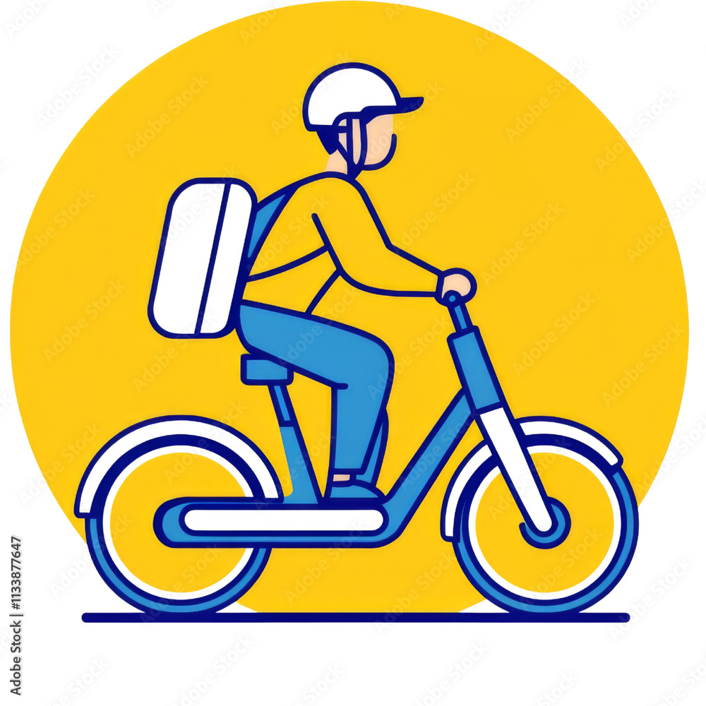delivery person riding bicycle with backpack against bright yellow background. , png image transparent delivery person riding bicycle with backpack against bright yellow background. , png image transparent