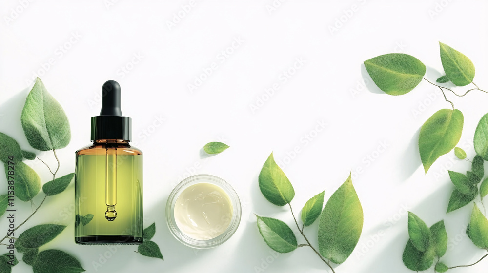 skin care and cream and cosmetics with leaves in white background skin care and cream and cosmetics with leaves in white background