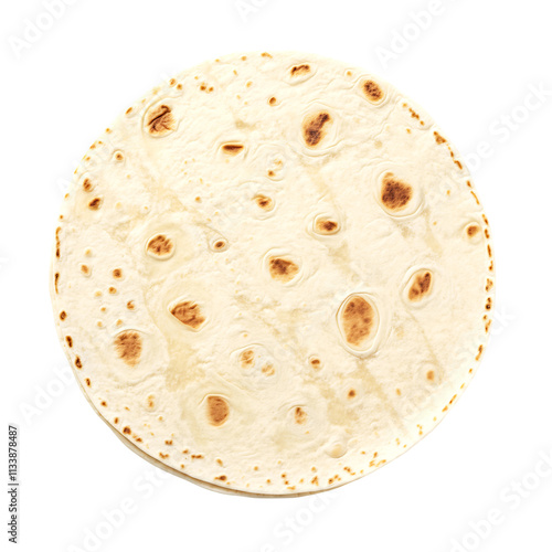 Close-Up of Soft Flour Tortilla with Light Brown Spots on White Background 