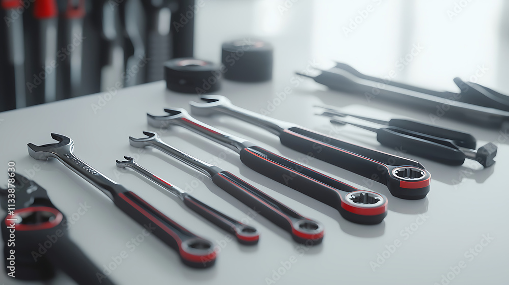 Fototapeta premium A collection of tools, including wrenches, are displayed on a table