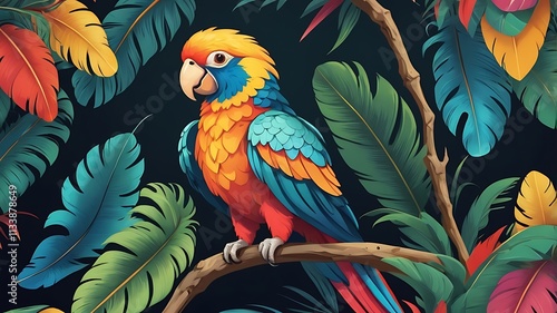 Colorful Parrot Perched on Branch Amidst Lush Tropical Foliage