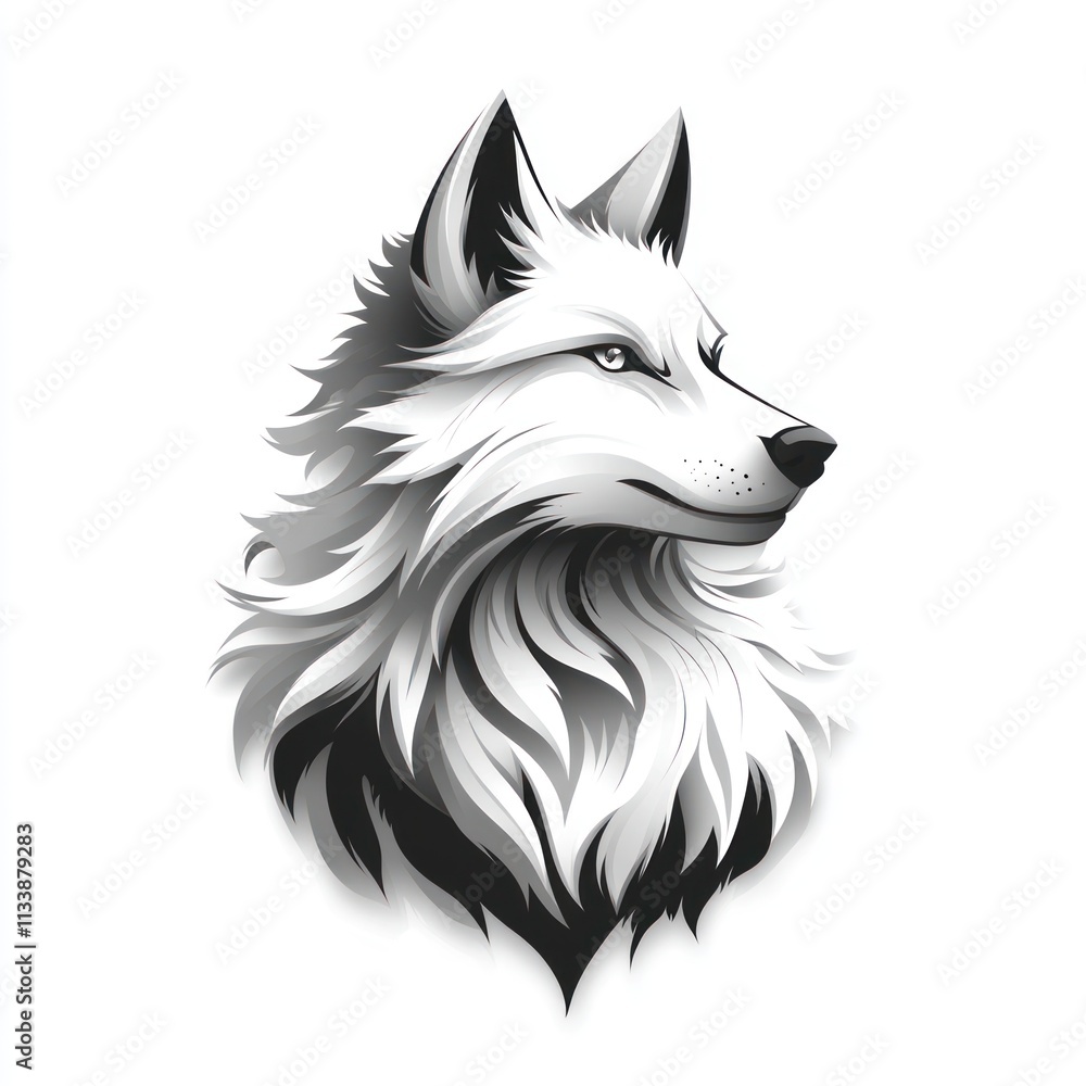 Naklejka premium Majestic grayscale wolf head profile illustration.