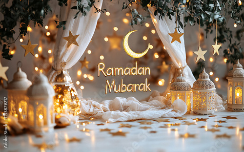 Islamic Greeting Cards for Muslim Holidays. Ramadan Kareem background, Eid Mubarak, greeting background with lantern, Mosque 
 photo