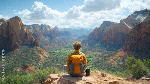 Wallpaper Mural Hiker sits on mountaintop, enjoying scenic valley view. Torontodigital.ca