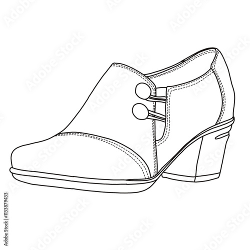 Women's Slip-On Loafer with button strap Shoes Line art, Technical sketch hand drawing outline vector doodle side isometric 3D view isolated on white background for coloring page