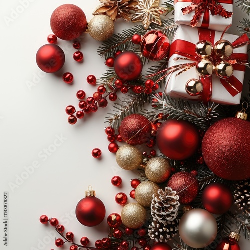 Assorted Christmas Gifts with Red and Gold Trinkets on a Pristine White Background, Abundance of Holiday Cheer