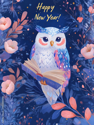 Charming New Year Illustrations with cheerful owl with a book: Cute Holiday Designs for Cards, Wallpapers, T-Shirts, Posters & Decor photo