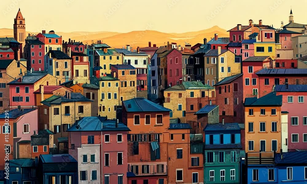 Colorful illustration of stacked houses on a hillside during sunset. Colorful illustration of stacked houses on a hillside during sunset.