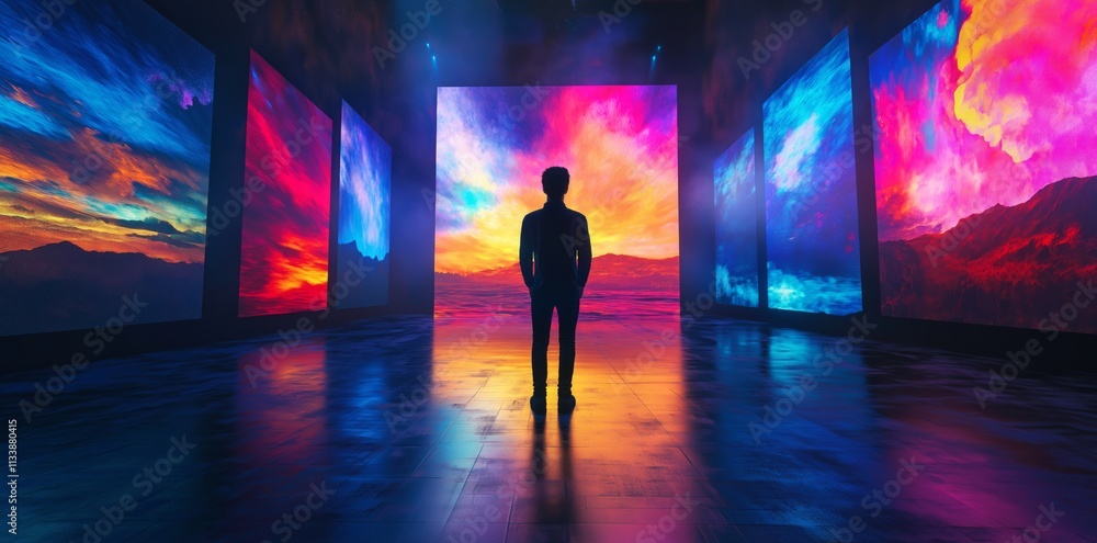 Man Observing Colorful Sunset Landscapes in a Virtual Gallery Man Observing Colorful Sunset Landscapes in a Virtual Gallery