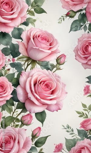 Watercolor floral design with pink roses and hearts for background or decoration, scrapbooking, fabric, decoupage