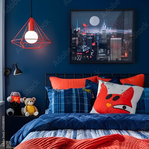 A bedroom with a blue wall and a red and orange bedspread