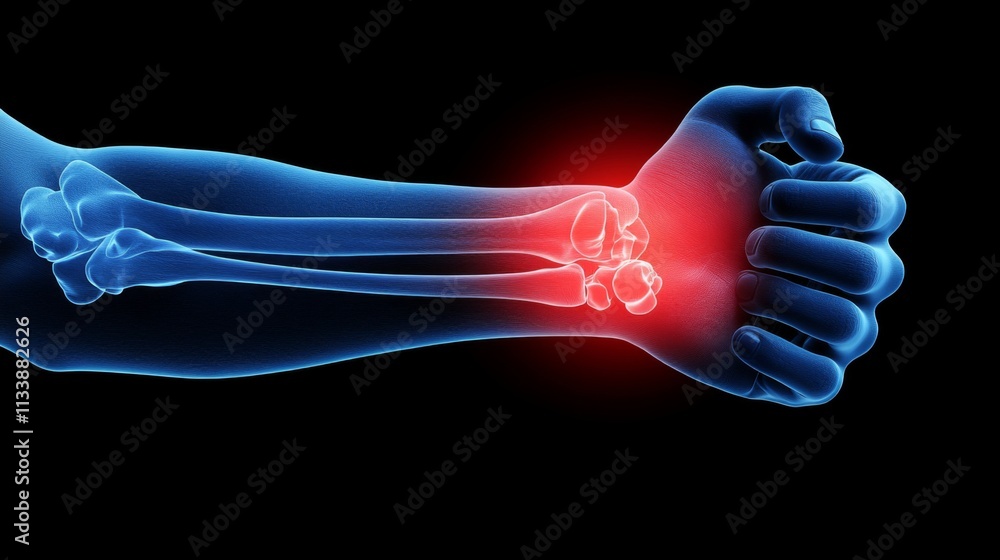Human arm joint highlighted in red on an abstract blue background Human arm joint highlighted in red on an abstract blue background