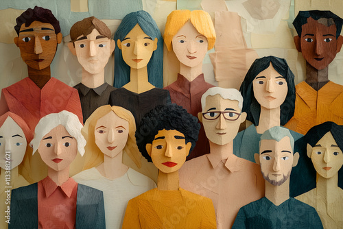 Inclusive group of people illustration.  Paper craft style art, layered paper textures. Multi-ethnic community, big cultural diversity group background in modern collage