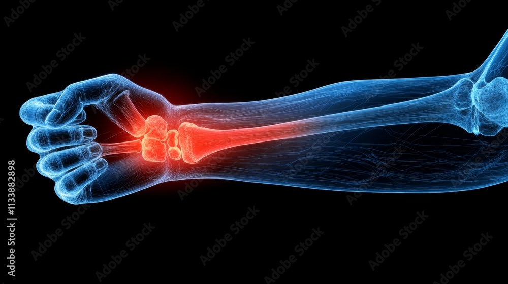Highlighted wrist pain on an X-ray illustration Highlighted wrist pain on an X-ray illustration
