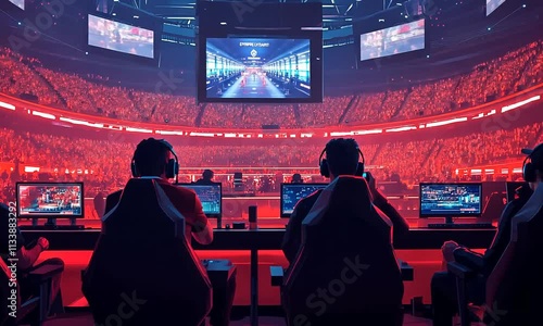 A vibrant esports arena with players competing in front of a cheering crowd.