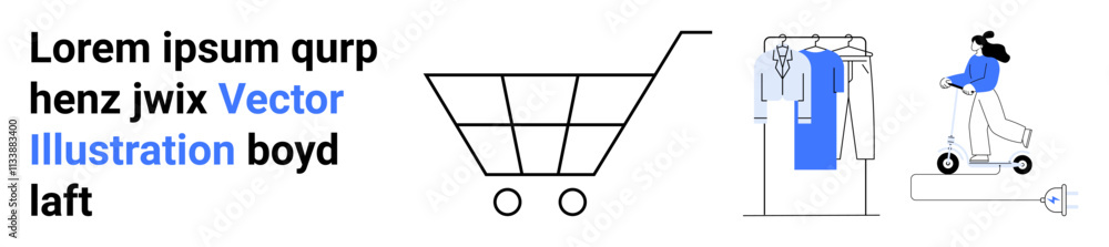 Shopping cart icon, clothing rack with hanging garments, and woman riding electric scooter with package. Ideal for e-commerce, fashion, retail, logistics, delivery services, online shopping Shopping cart icon, clothing rack with hanging garments, and woman riding electric scooter with package. Ideal for e-commerce, fashion, retail, logistics, delivery services, online shopping