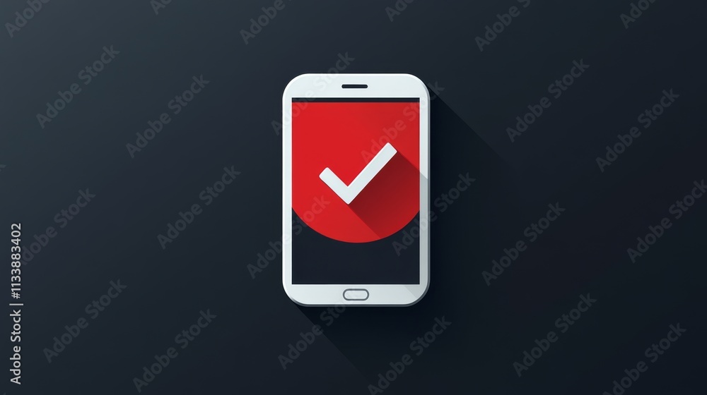 Smartphone with red checkmark on dark background Smartphone with red checkmark on dark background