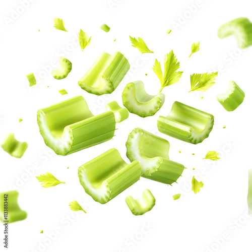 Vibrant Green Celery Stalks Exploding on Transparent Background

