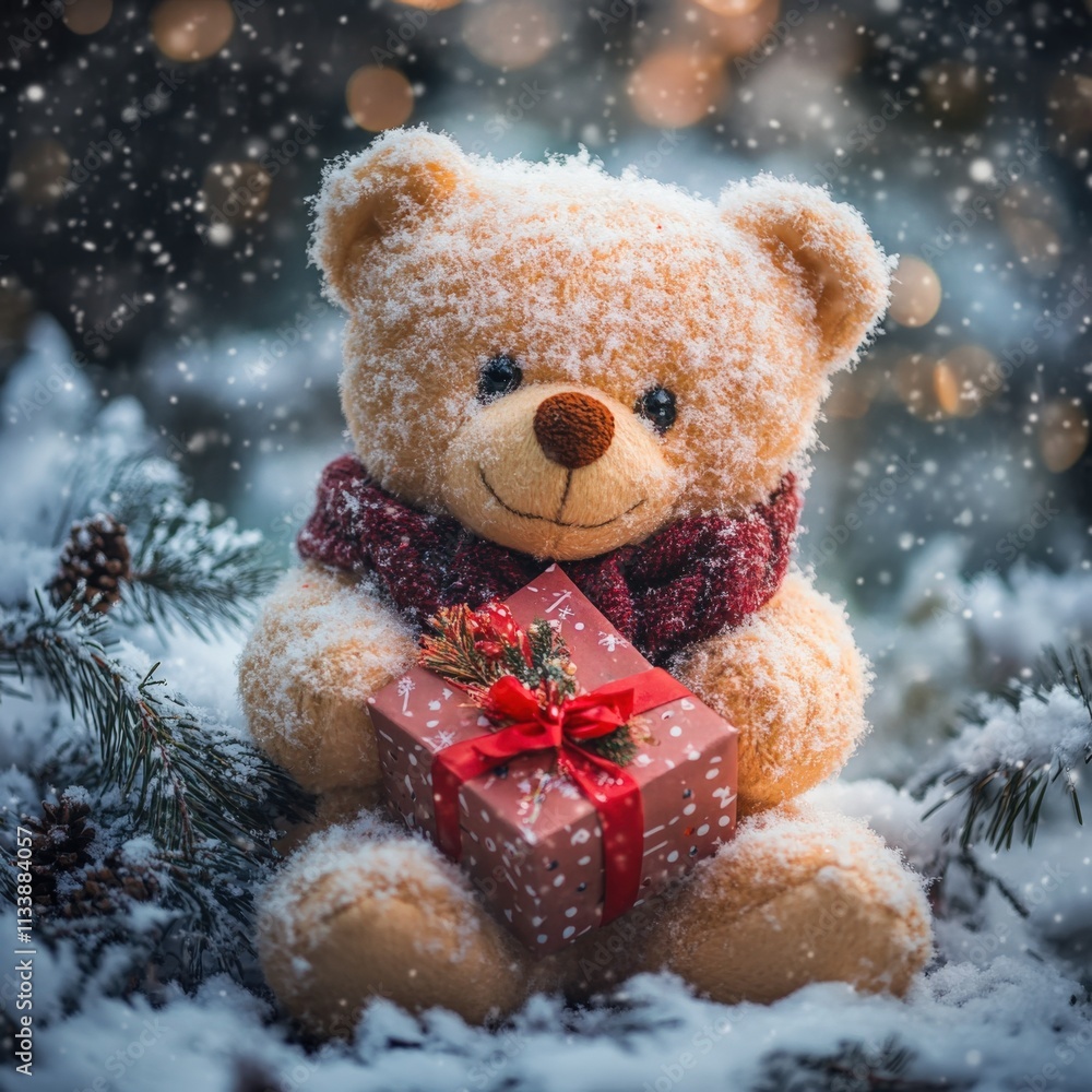 cute teddy bear with a gift in a snowy setting cute teddy bear with a gift in a snowy setting