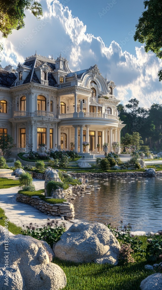 Luxurious mansion with a fountain and landscaped garden Luxurious mansion with a fountain and landscaped garden
